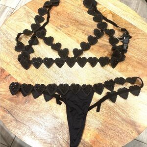 NWT SKIMS Black Crochet Heart Lingerie Set